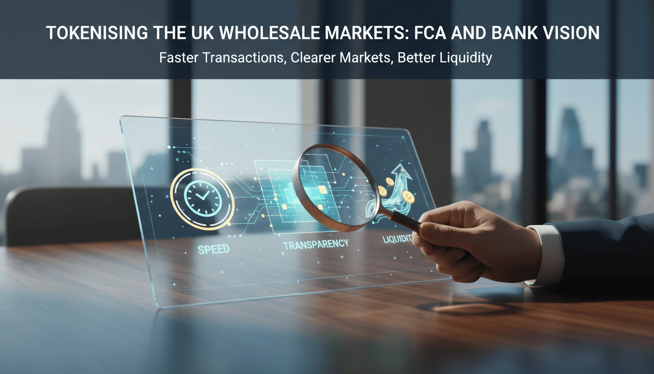 Graphic illustrating the benefits of tokenisation for wholesale market participants, focusing on faster settlement, better transparency, and improved liquidity management.