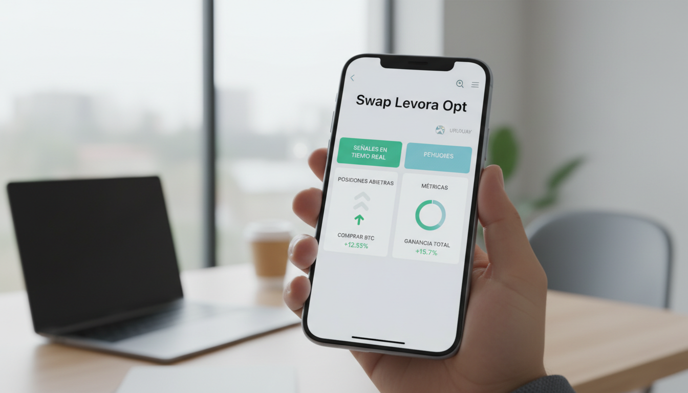 Smartphone displaying Swap Levora Opt mobile app with trading activities and real-time signals.