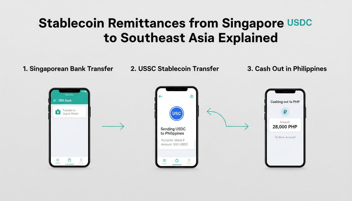 Infographic showing the process of sending stablecoin remittances from Singapore to the Philippines using USDC.