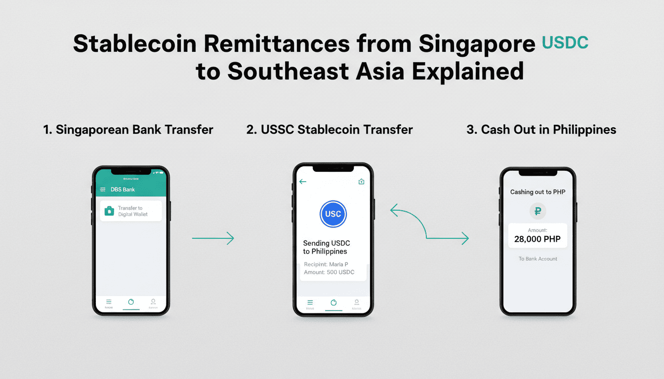 Infographic showing the process of sending stablecoin remittances from Singapore to the Philippines using USDC.