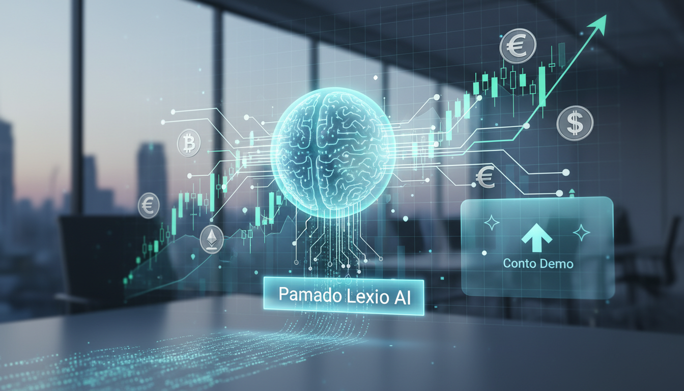 Illustration of AI analyzing financial market data with trading symbols and charts.