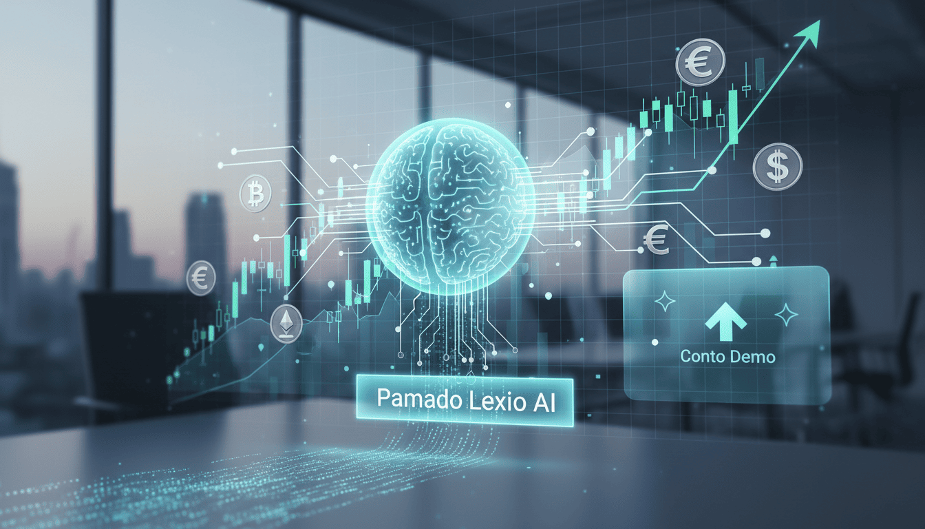Illustration of AI analyzing financial market data with trading symbols and charts.