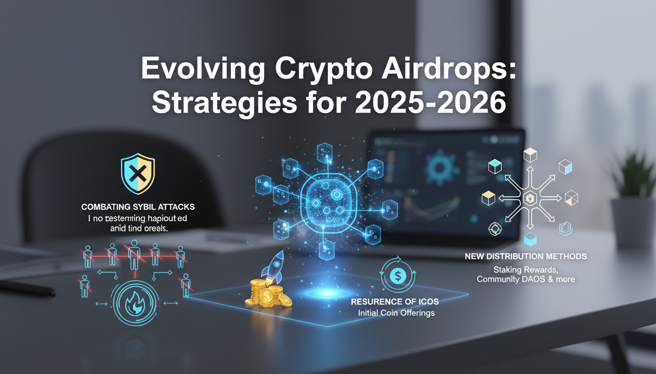 Graphical illustration of evolving crypto airdrops with icons representing sybil attacks, ICOs, and new distribution methods