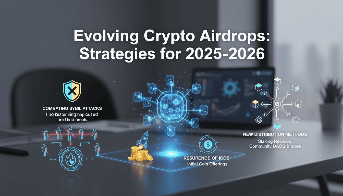 Graphical illustration of evolving crypto airdrops with icons representing sybil attacks, ICOs, and new distribution methods