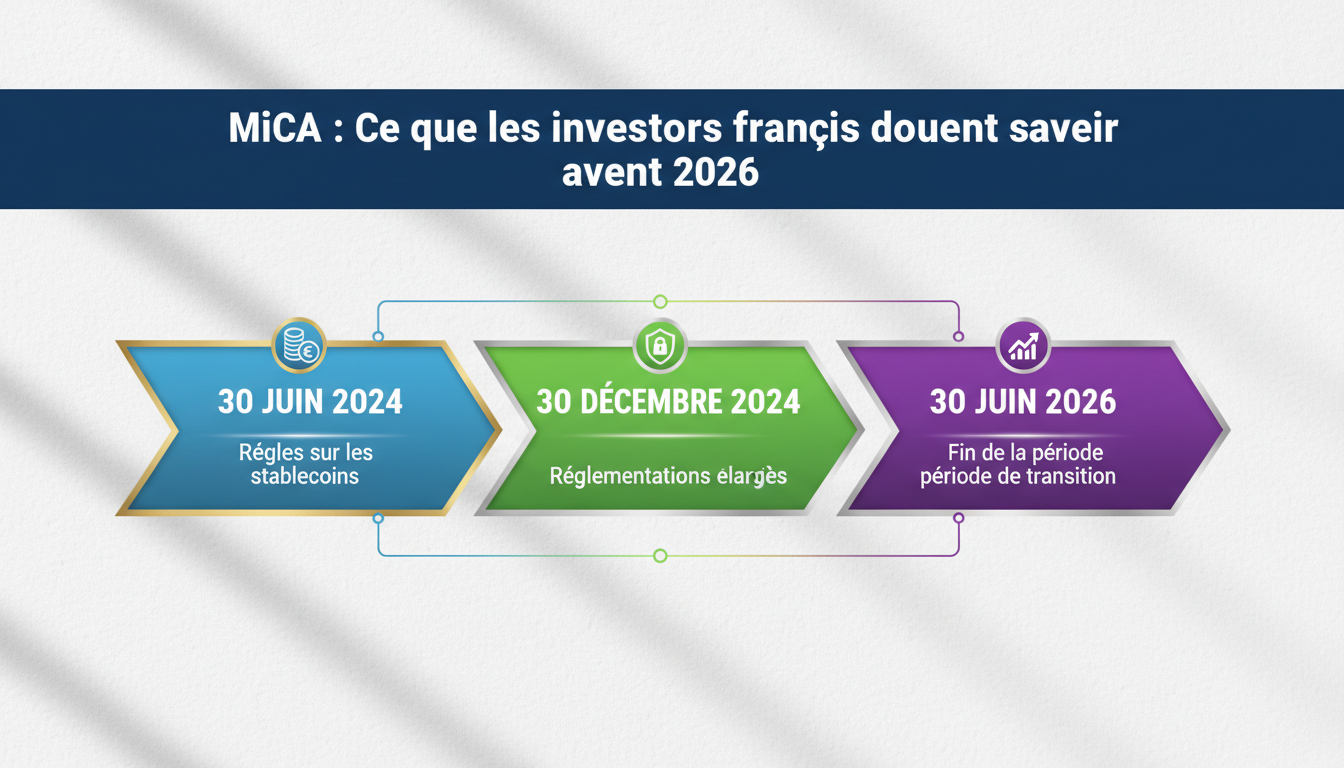 Timeline infographic showing key MiCA dates: 30 juin 2024, 30 décembre 2024, and 30 juin 2026.