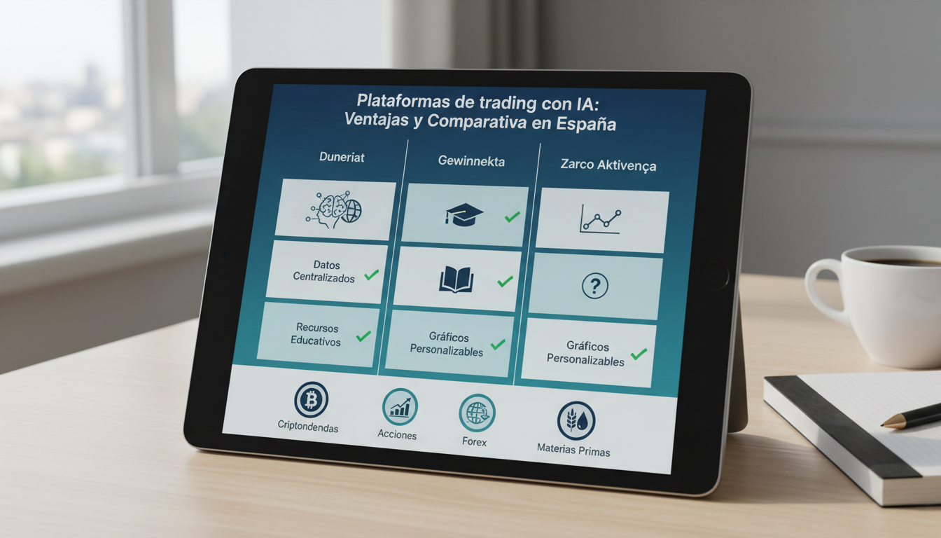 Infographic comparing the AI trading platforms Duneriat, Gewinnekta, and Zarco Aktivença, highlighting key features and supported markets.