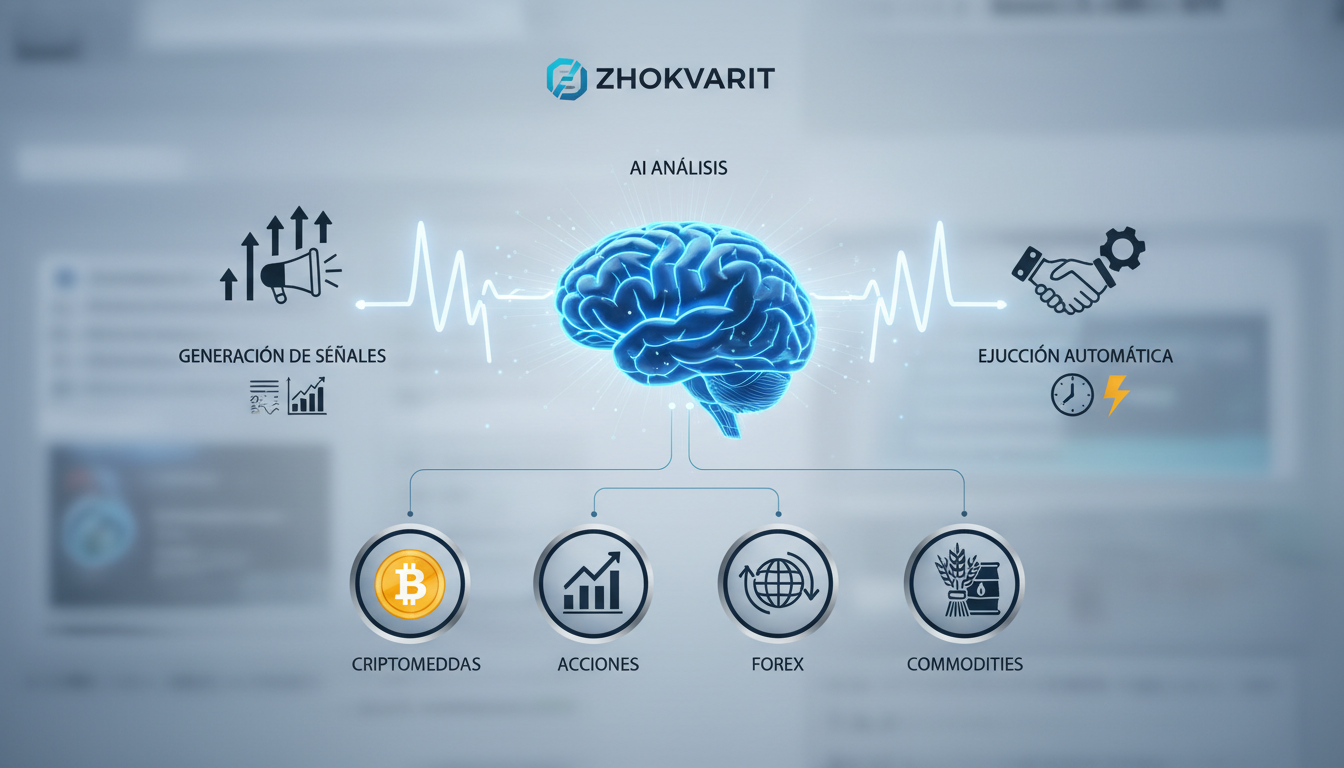 Diagram showing Zhokvarit's features including AI analysis, signal generation, and automatic trade execution.