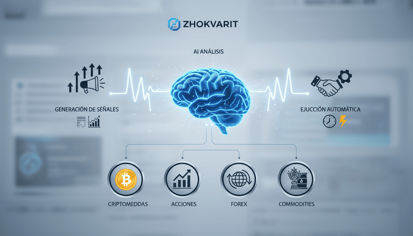 Diagram showing Zhokvarit's features including AI analysis, signal generation, and automatic trade execution.