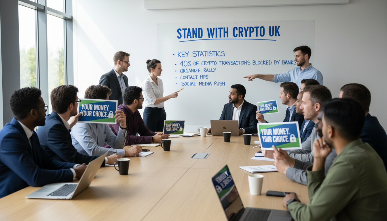 People gathered in a community hall discussing the Stand With Crypto UK campaign with a whiteboard showing campaign statistics.