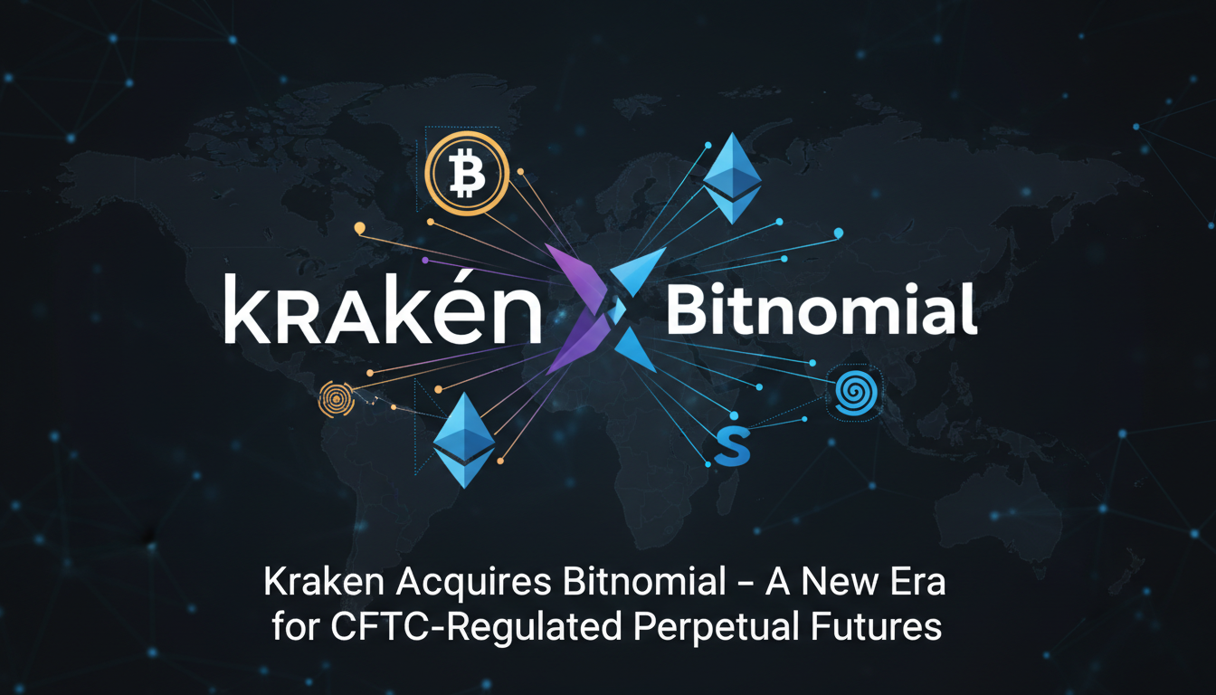 Kraken and Bitnomial logos with cryptocurrency symbols.