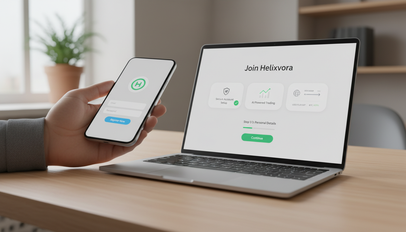 Digital registration process for Helixvora on a mobile phone or laptop screen with a simplified form and secure prompts.