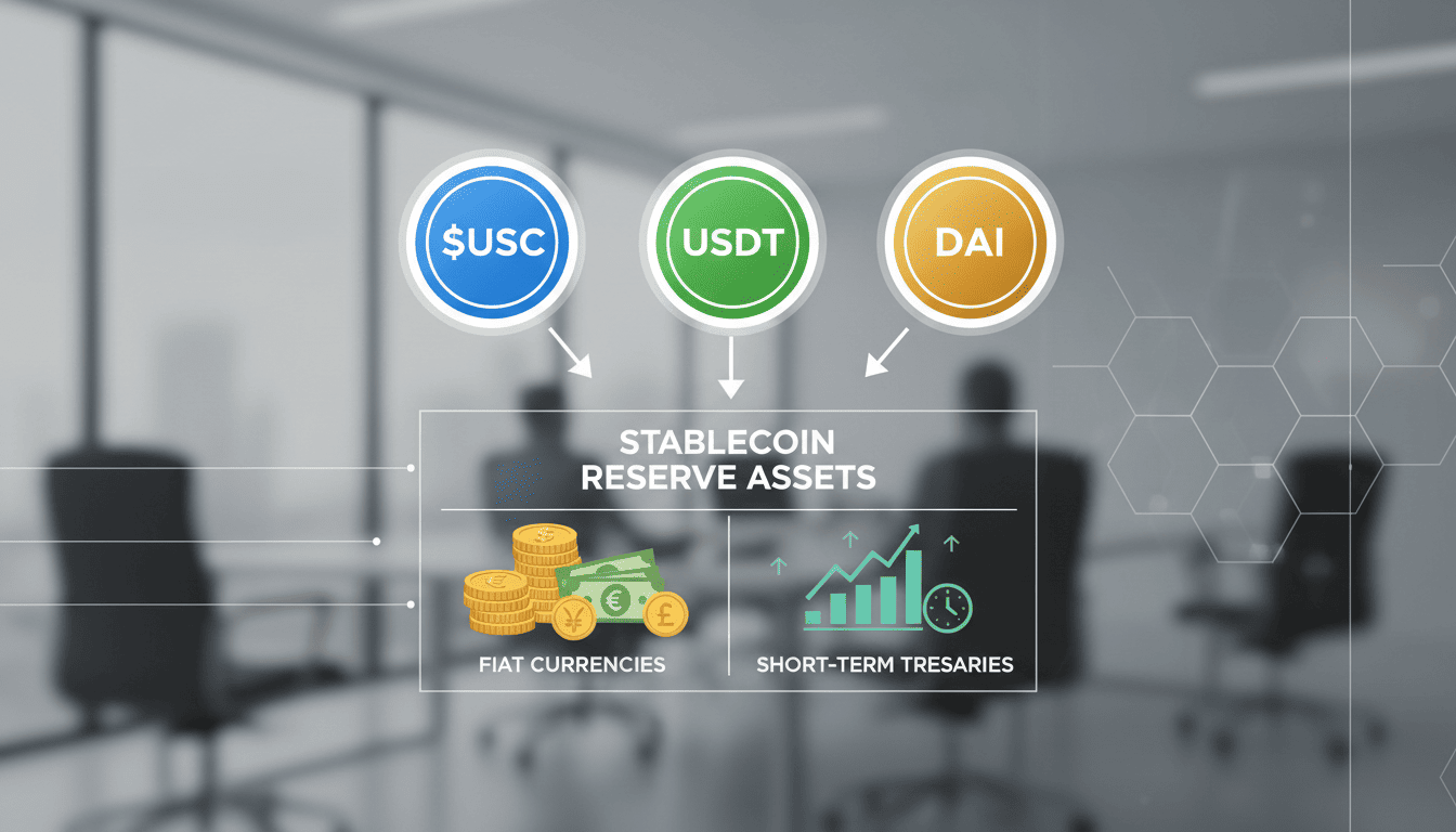 Illustration of stablecoin reserves with symbols for USDC, USDT, and DAI, along with icons for fiat currencies and short-term treasuries in the background.