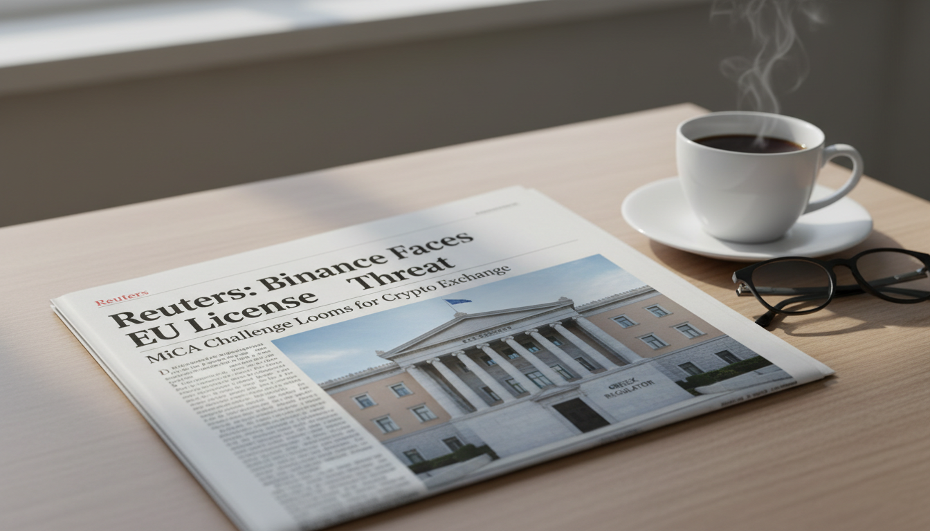 Newspaper with headline 'Reuters: Binance Faces EU Licence Threat' and an image of the Greek regulator's building.