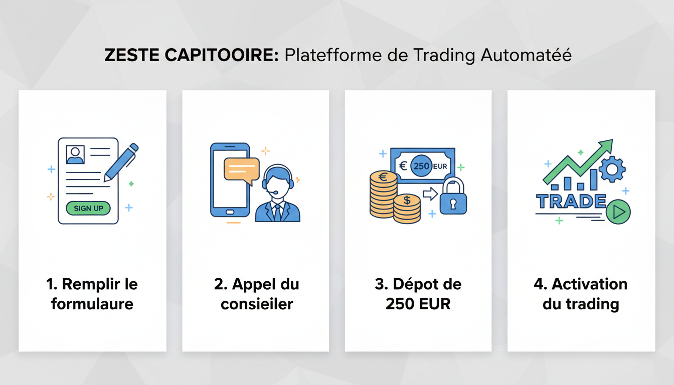 Illustration depicting the registration process for an automated trading platform, including form filling, advisor call, deposit, and activation steps.