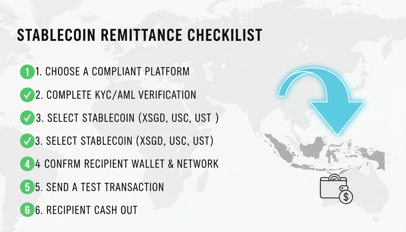 Graphic showing a checklist for sending money using stablecoins including steps like choosing a platform and confirming the recipient wallet.