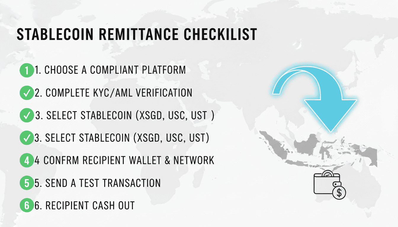 Graphic showing a checklist for sending money using stablecoins including steps like choosing a platform and confirming the recipient wallet.