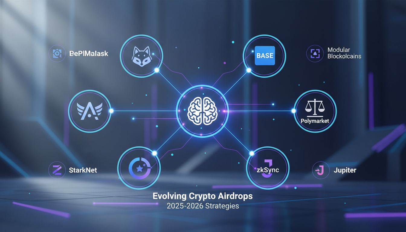 Illustration of key crypto platforms and projects with potential airdrops, including Polymarket, MetaMask, and Base