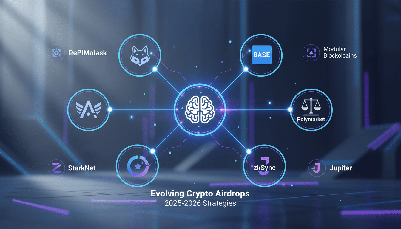 Illustration of key crypto platforms and projects with potential airdrops, including Polymarket, MetaMask, and Base