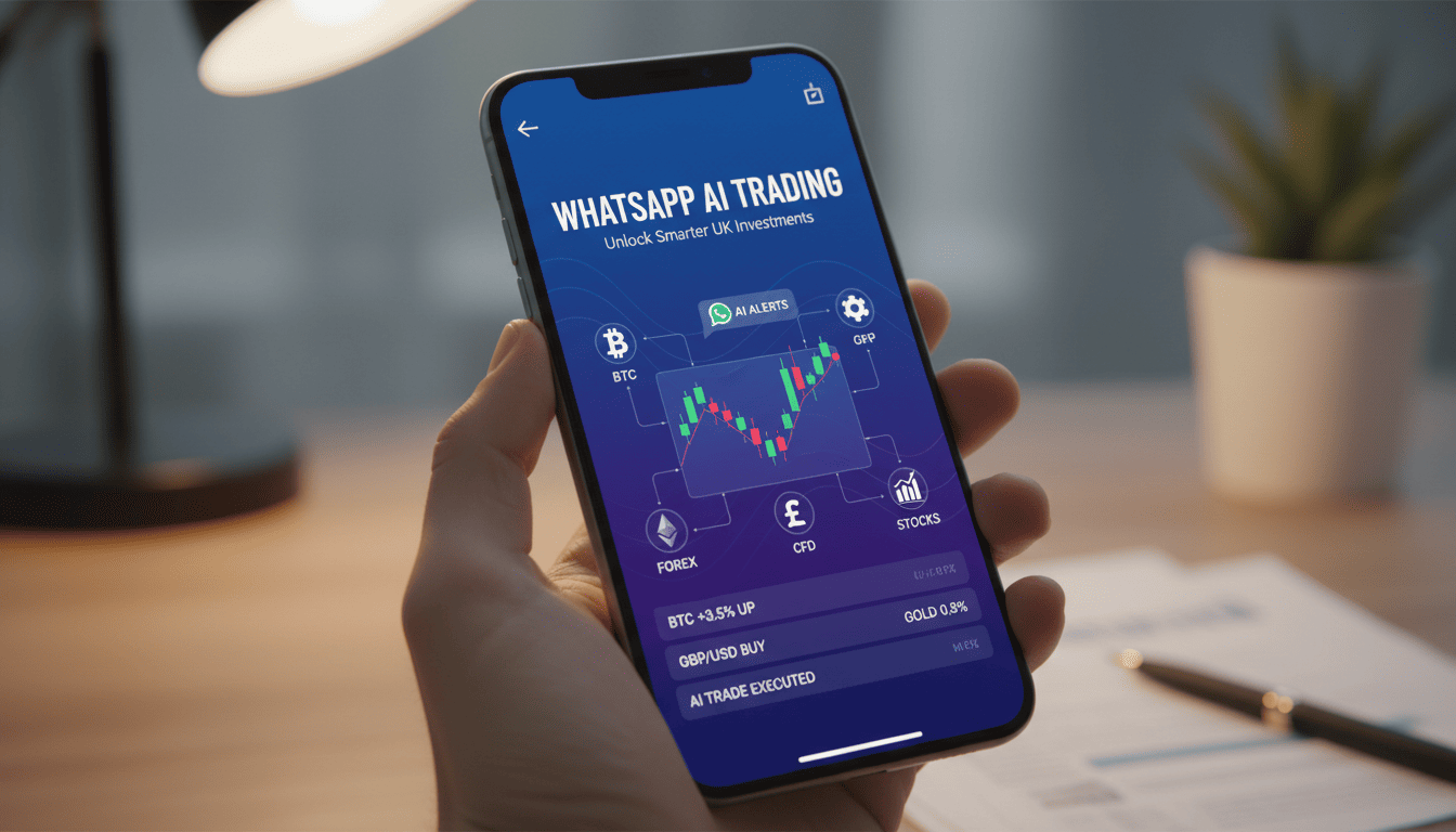 Mobile phone screen with a trading app showing market alerts and diversified assets.