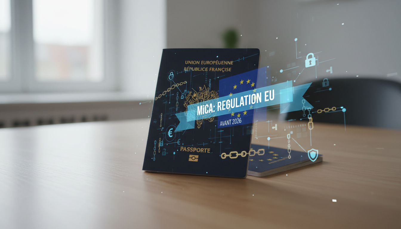 European passport with a digital blockchain overlay, representing the new MiCA regulations.