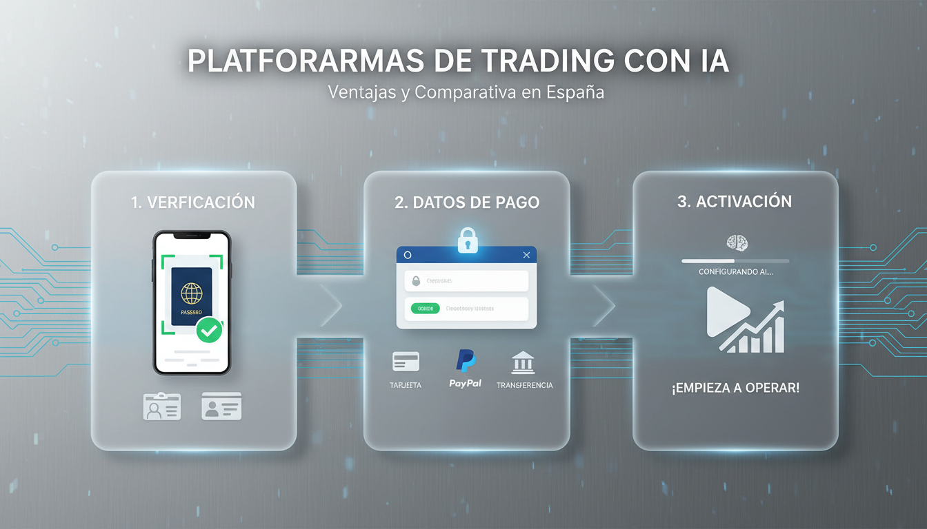 Illustration of the registration process for an AI trading platform, depicting identity verification, data entry, and activation with various payment methods.