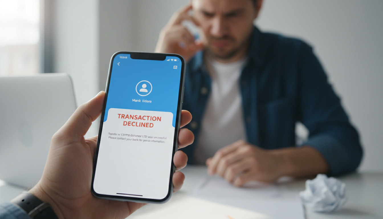 Mobile phone screen displaying a declined bank transaction to a crypto exchange and a frustrated user.
