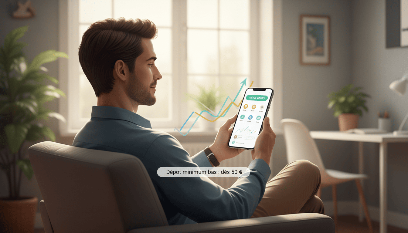 Illustration of a person using a mobile trading app, highlighting simplicity, demo mode, and low deposit requirements.