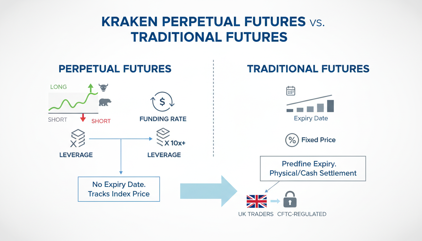 Chart explaining perpetual futures with long and short positions, funding rates, and leverage.