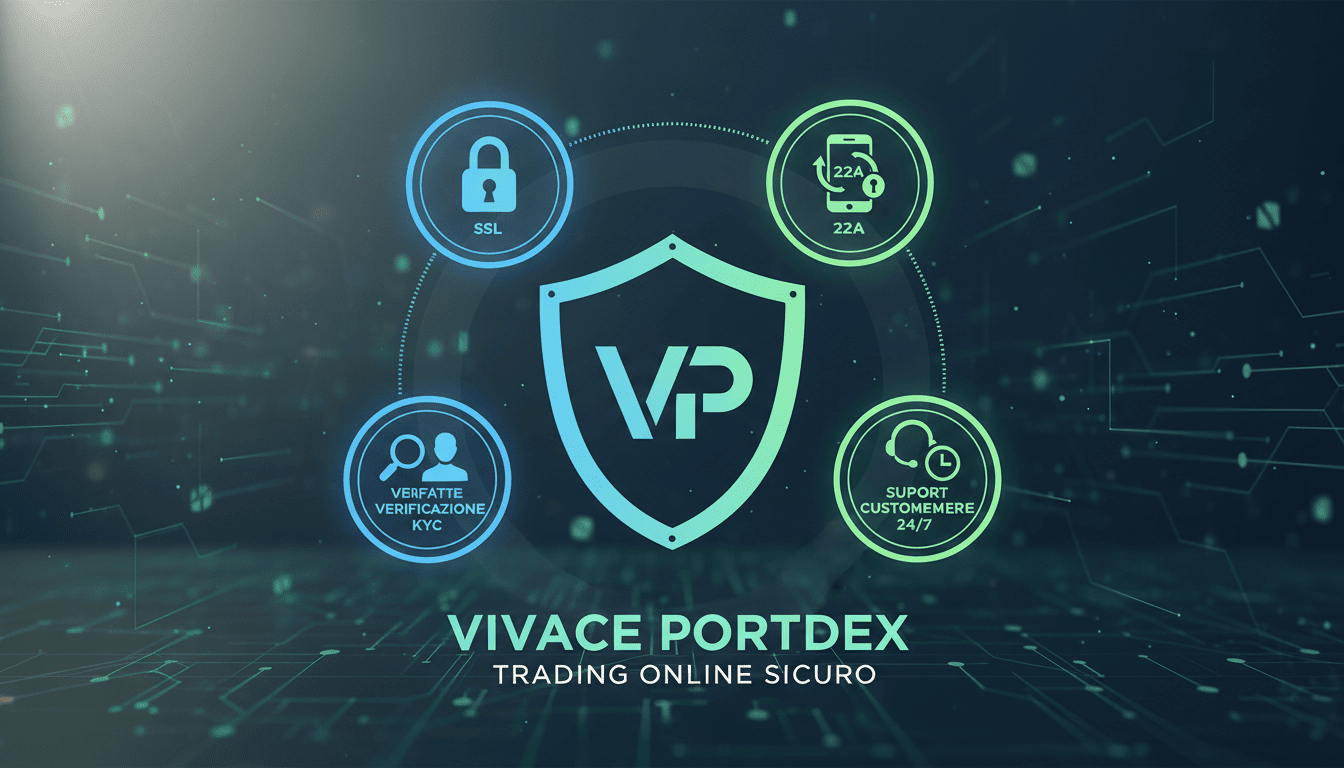 Graphic highlighting Vivace Portdex security measures like SSL encryption, two-factor authentication, and 24/7 support.