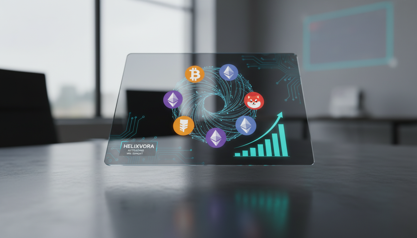 A modern digital device displaying a dashboard with cryptocurrency icons like Bitcoin, Ethereum, and Shiba Inu to indicate multi-asset management.