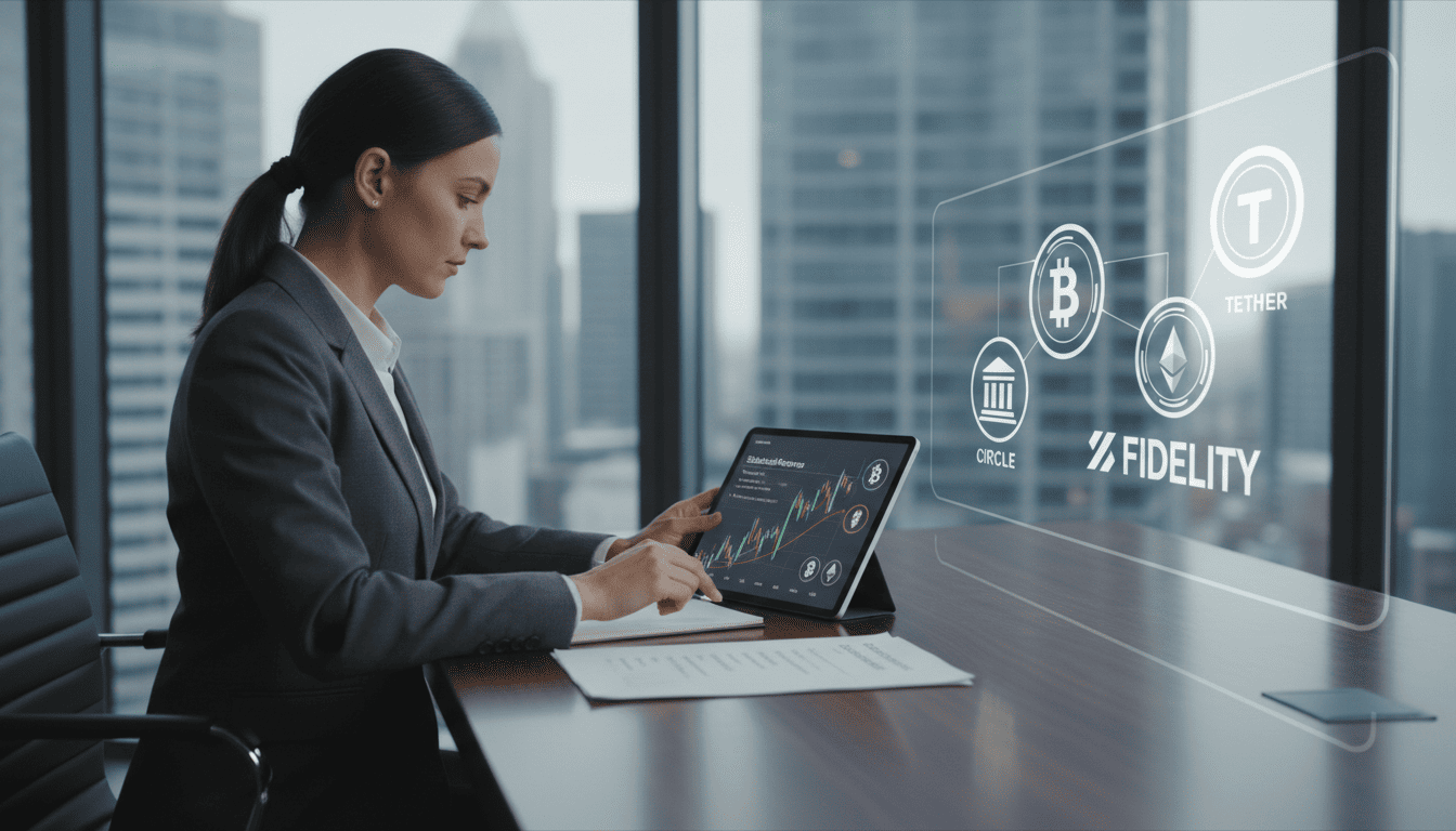 Image of a financial analyst reviewing documents and charts about stablecoin reserves, with Fidelity Investments and traditional banks like State Street and stablecoin issuers like Circle and Tether in the background.