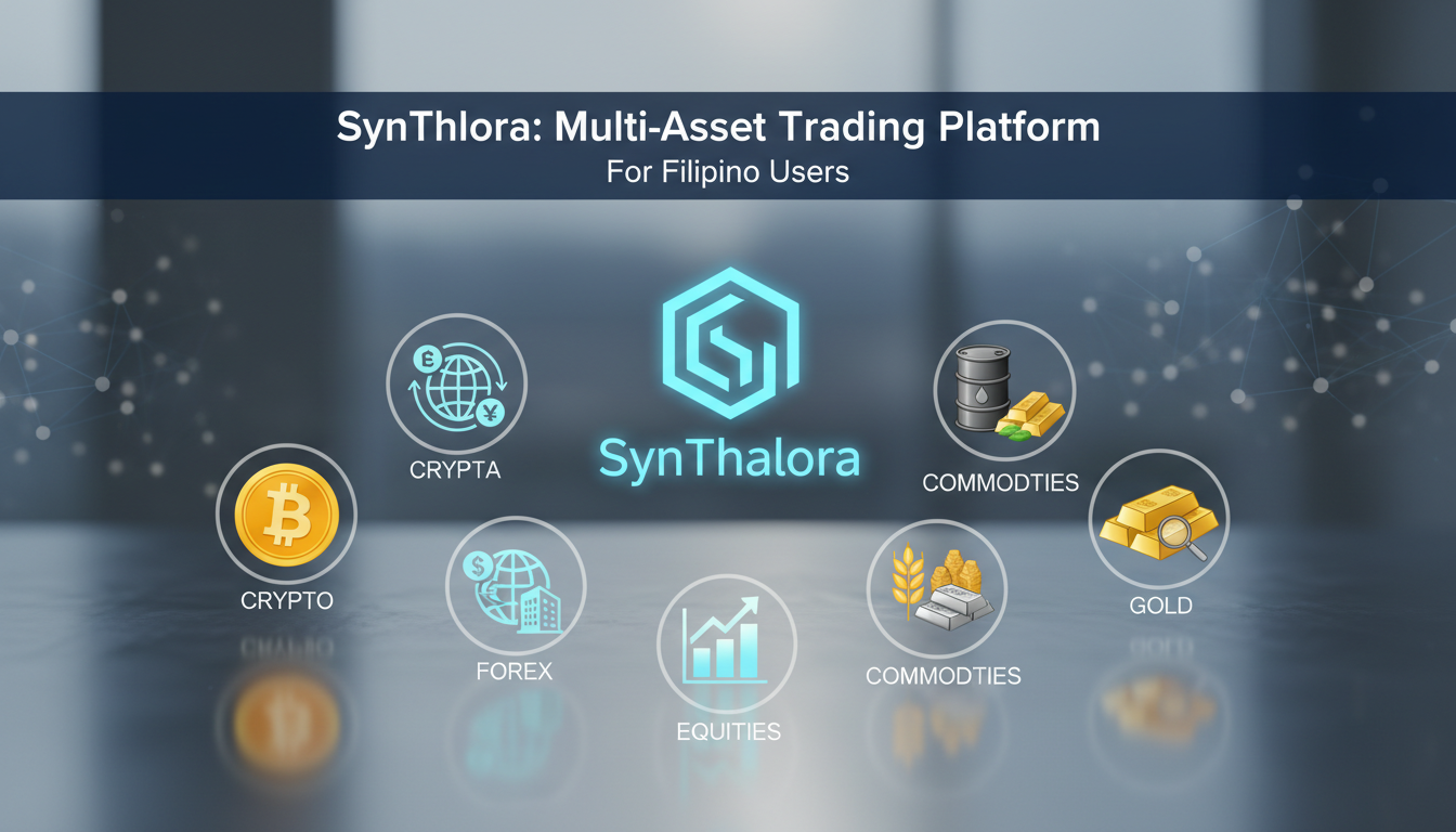 Illustration of diverse financial assets including cryptocurrencies, forex, equities, commodities, and gold, emphasizing multi-asset support