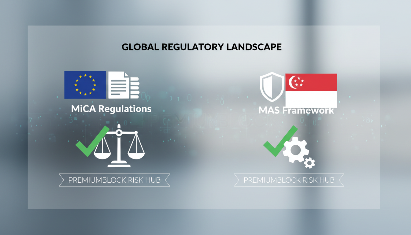 Graphic comparing international crypto regulations with symbols for MiCA and MAS compliance.