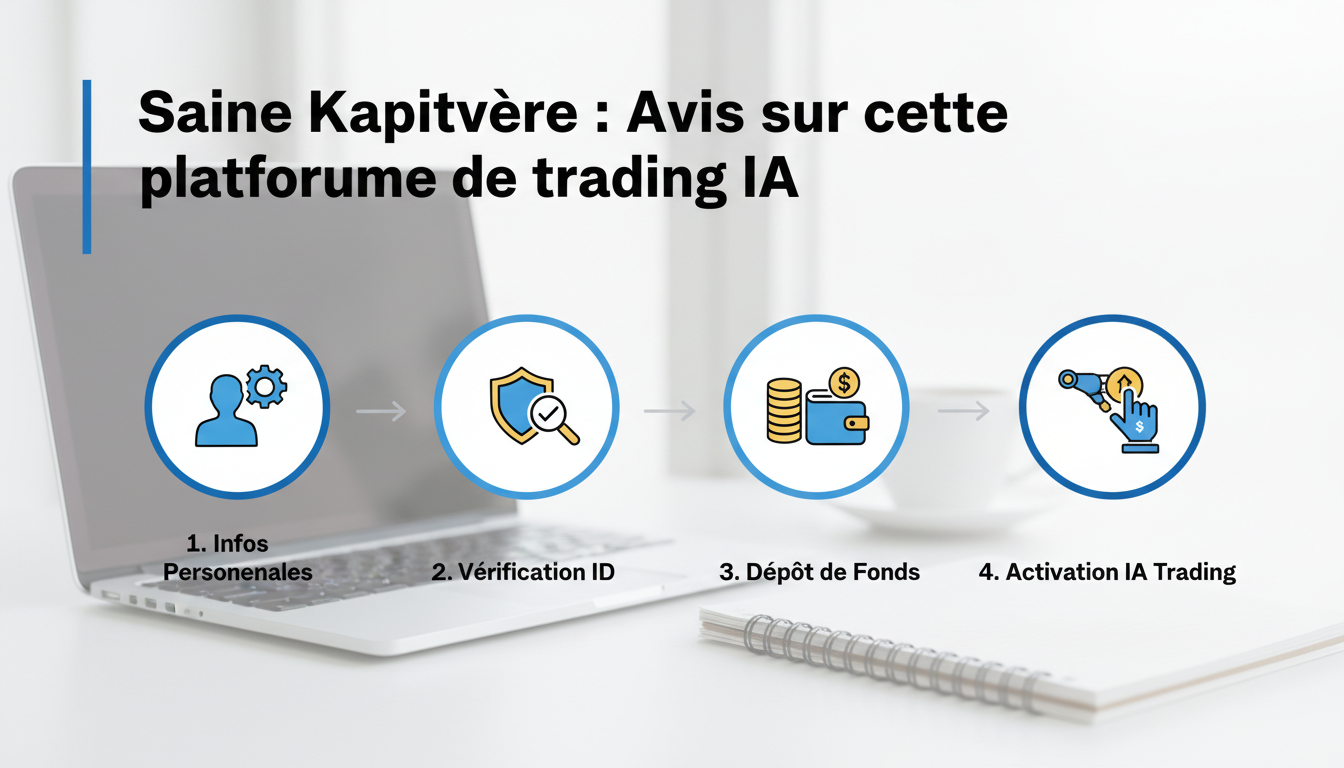 Visual showing the steps to create an account on a trading platform: personal information, identity verification, deposit, and activating auto-trading.