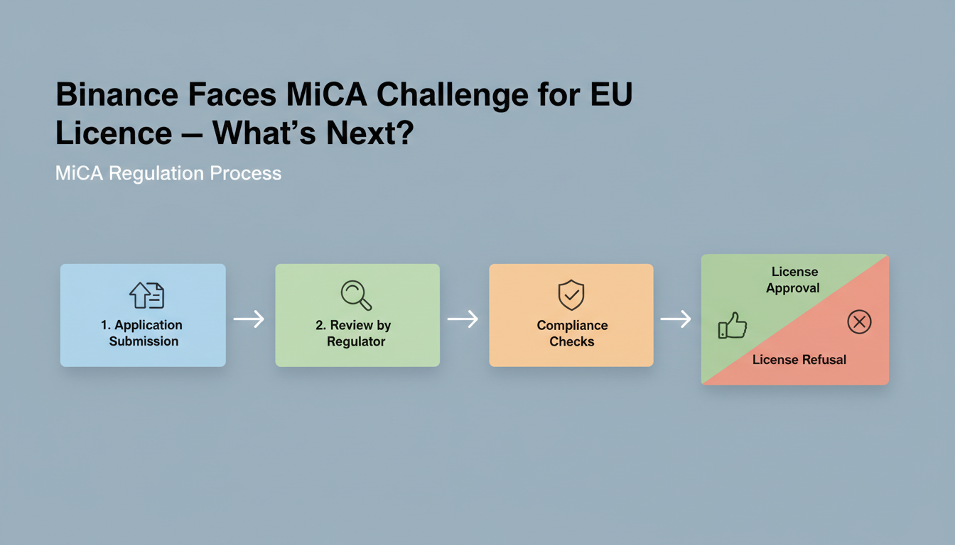 Infographic explaining the MiCA regulation process with steps like application submission, review by regulator, compliance checks, and licence approval or refusal.