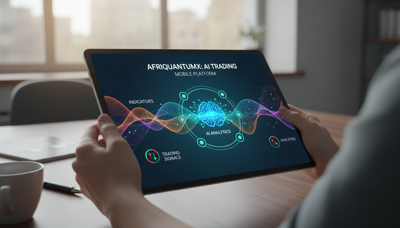 Depiction of market analysis tools including AI analytics and trading signals on a stylized mobile device screen.