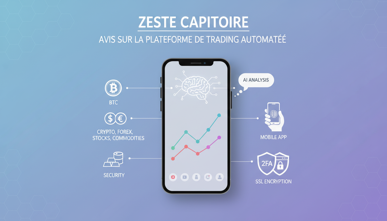 Illustration showing key features of a trading platform, including AI analysis, support for multiple financial assets, mobile app, and security features.