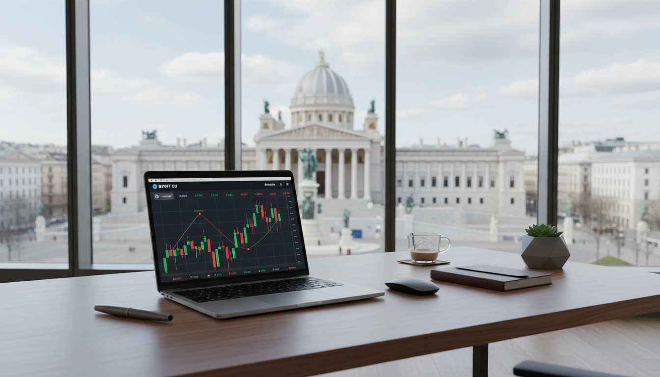 Modern office in Vienna overlooking the Austrian Parliament building, symbolizing regulatory clarity with a laptop showing crypto trading charts.