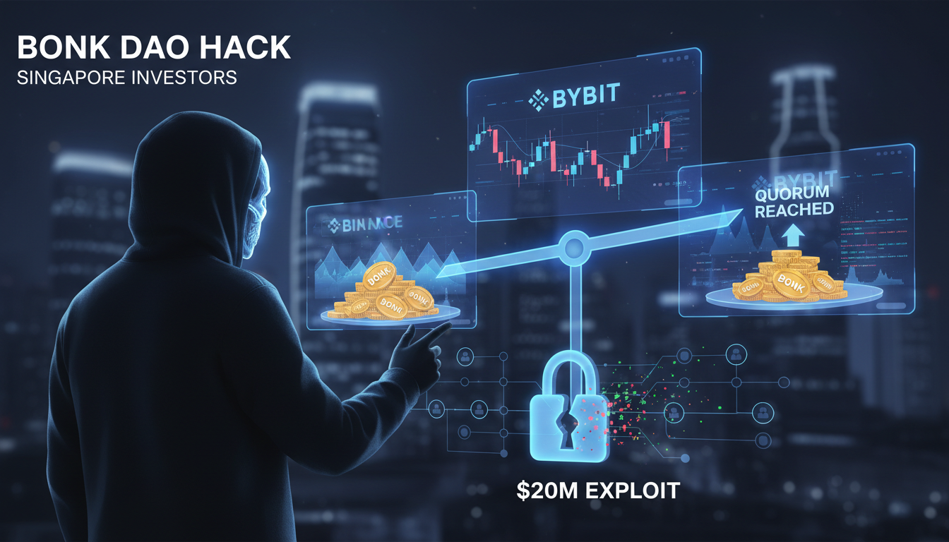 Abstract image showing a hacker buying tokens on exchanges like Bybit and Binance to influence a DAO vote.