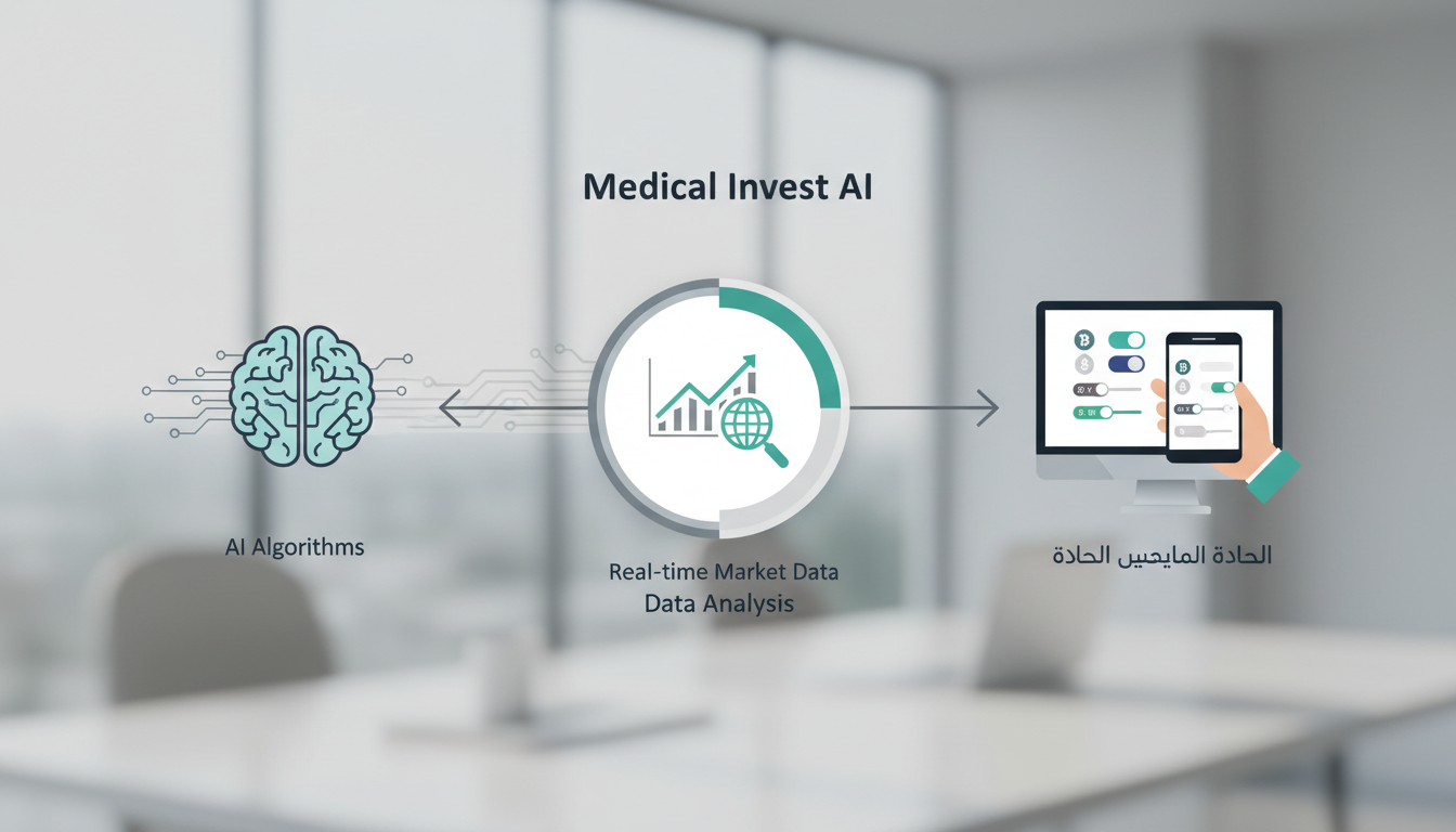 Infographic showing how the Medical Invest AI platform works with AI algorithms analyzing market data and users setting trading preferences.