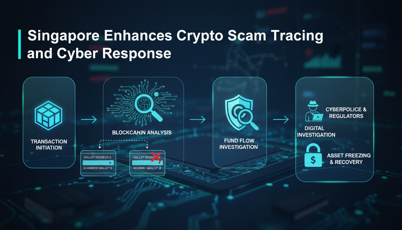 Infographic showing the process of cryptocurrency tracing, including blockchain analysis and investigative steps.