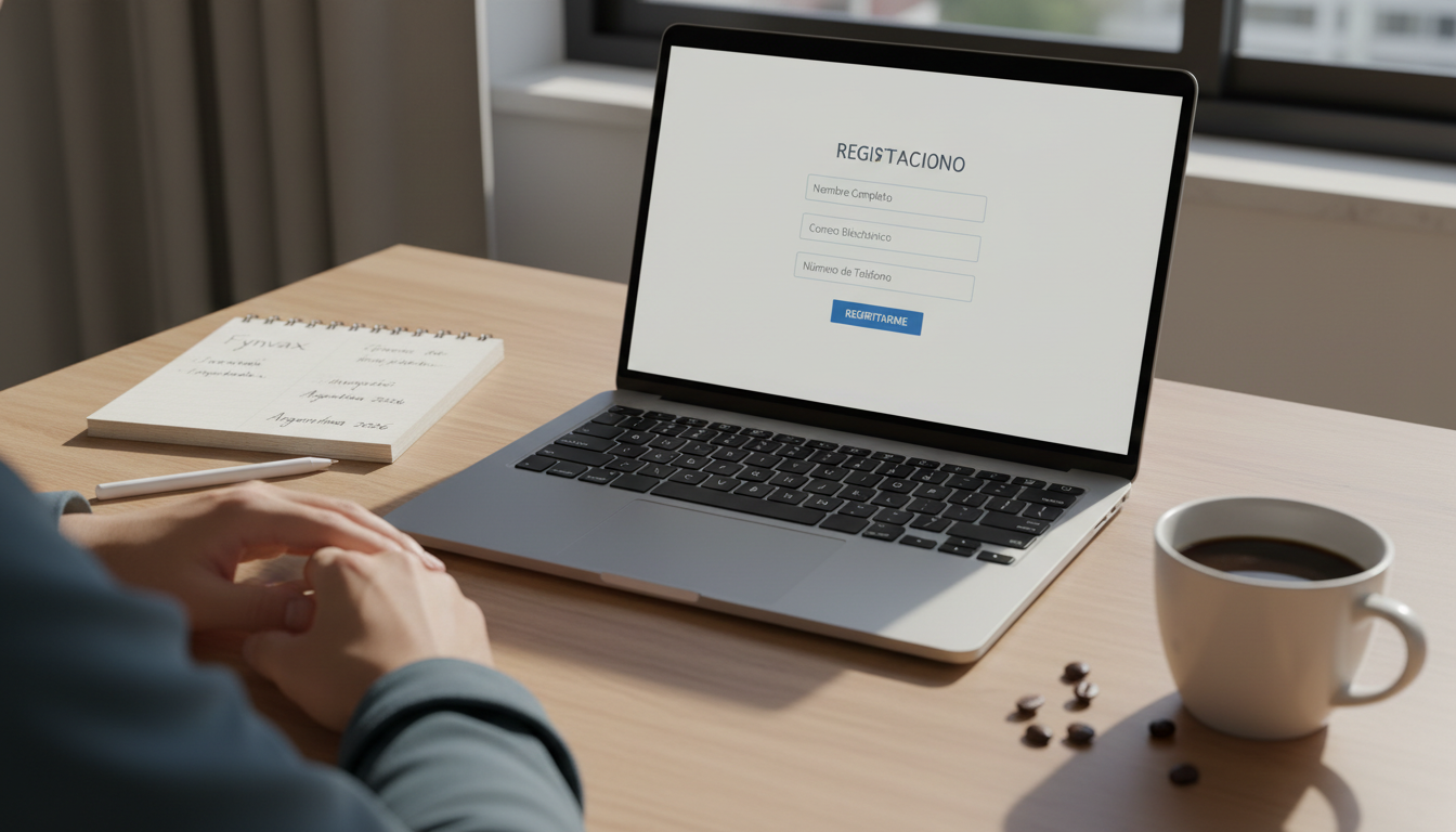 Person registering for Fynvax on a laptop with an online form in a clean workspace.