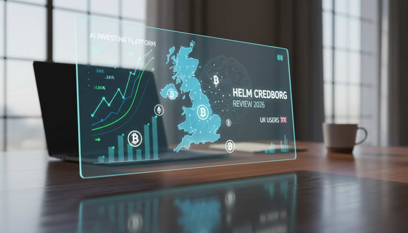 A digital dashboard illustrating AI-supported financial tools with UK maps and cryptocurrency symbols.