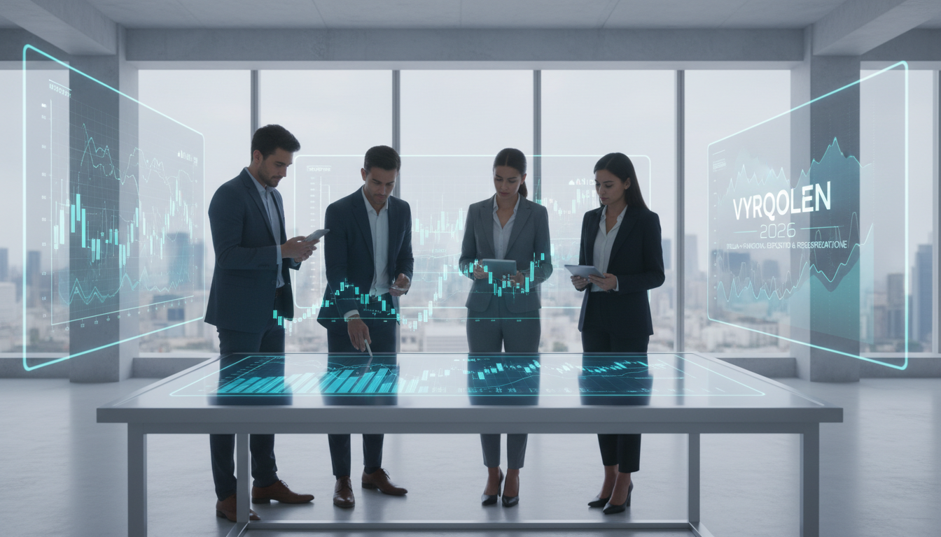 Professionals analyzing digital graphs and charts in a modern office, symbolizing AI-assisted trading.