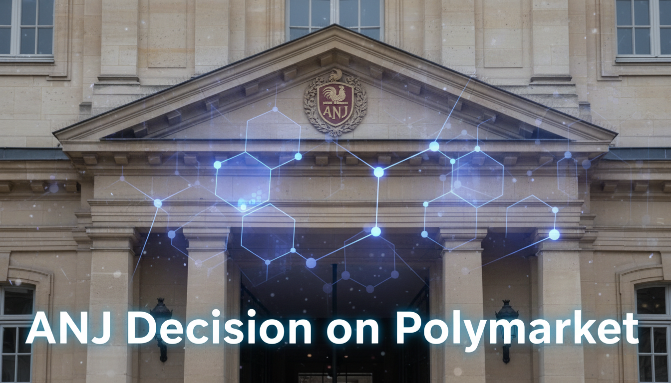 Image of the French regulatory office with blockchain overlay and text: ANJ Decision on Polymarket.