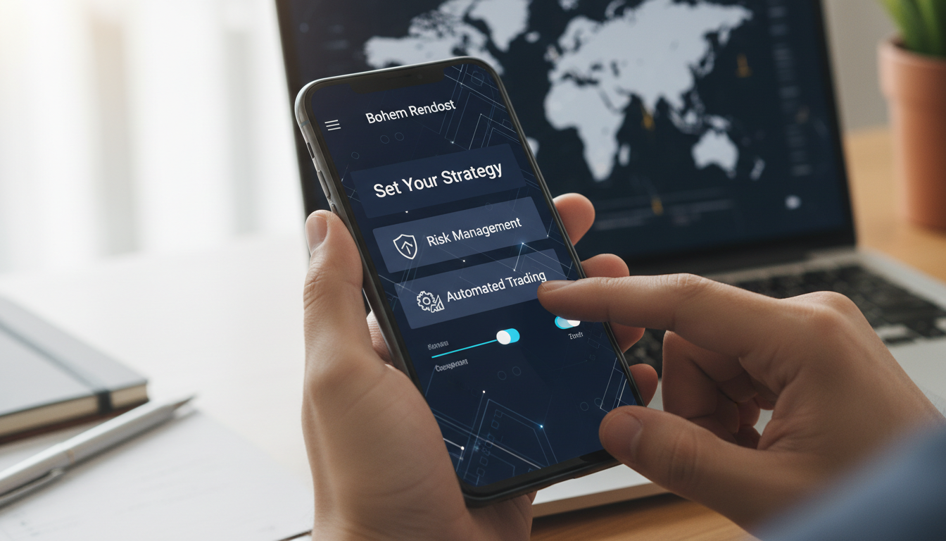 User holding a smartphone with Bohem Rendost app showing options to set trading strategy.