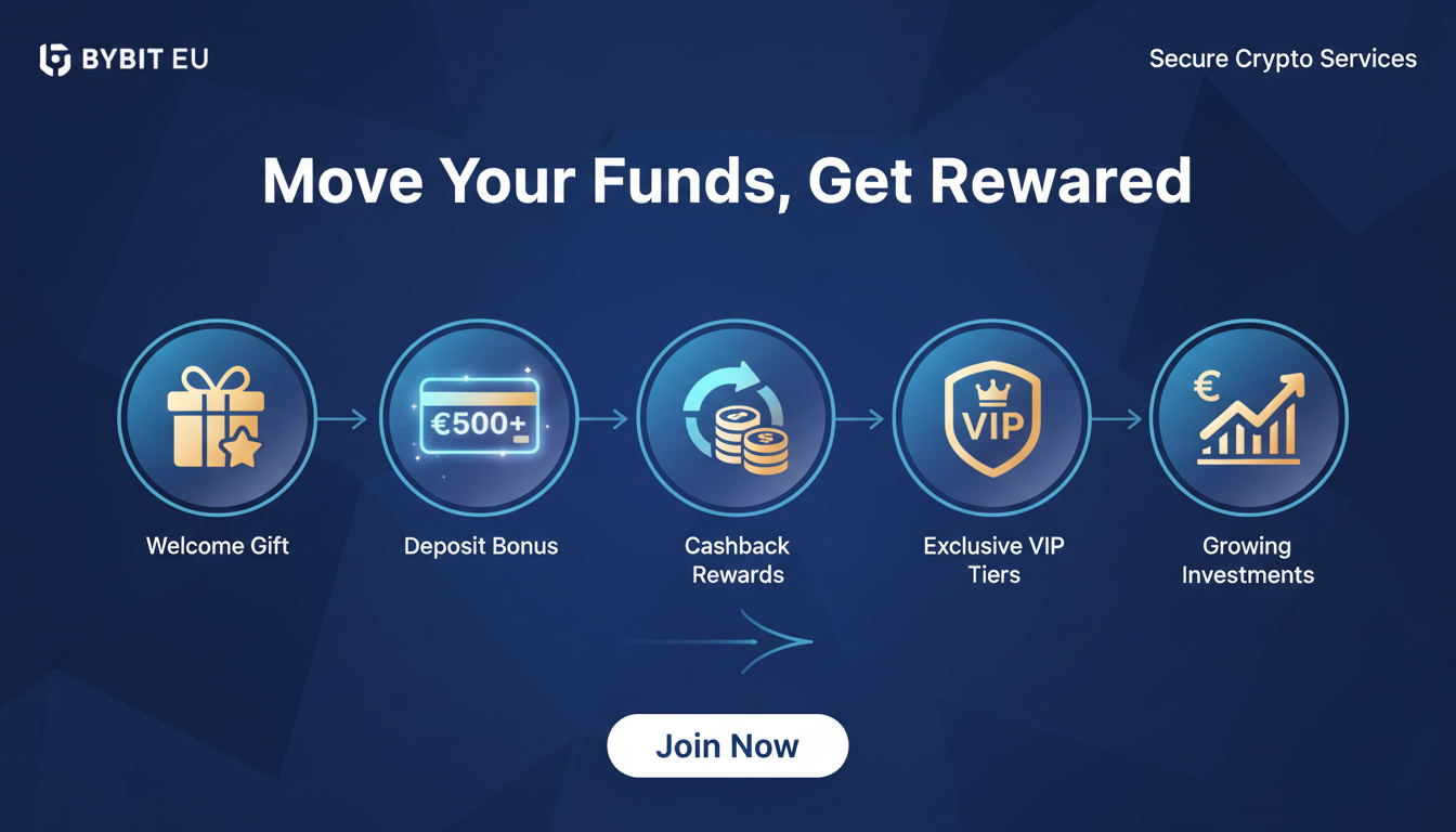 Graphic illustrating the bonuses of the 'Move Your Funds, Get Rewarded' program including a welcome gift, card bonus, cashback, VIP badge, and investment graph.