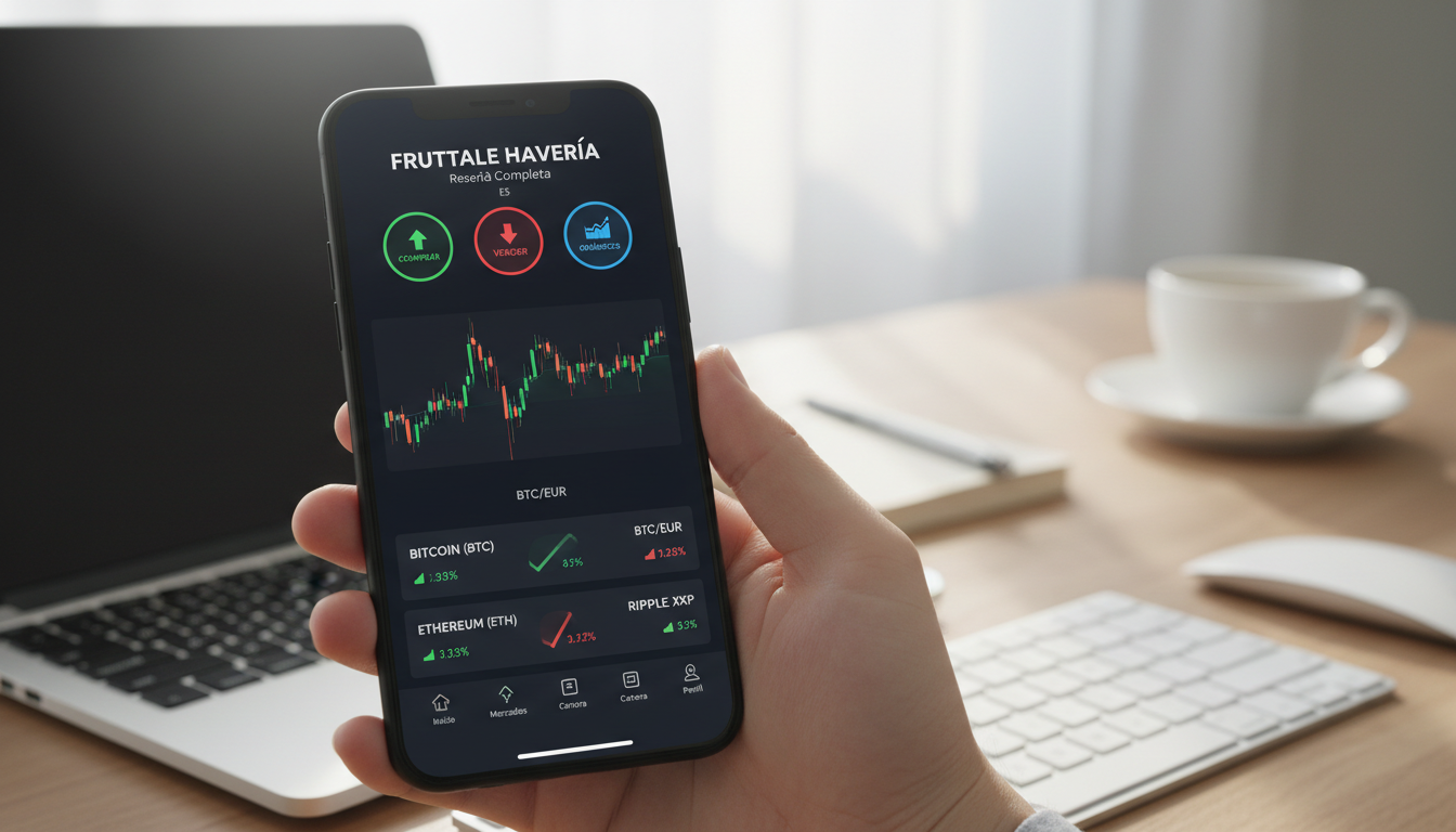 Mobile phone displaying Fruttale Haveria's trading platform in a professional setting.