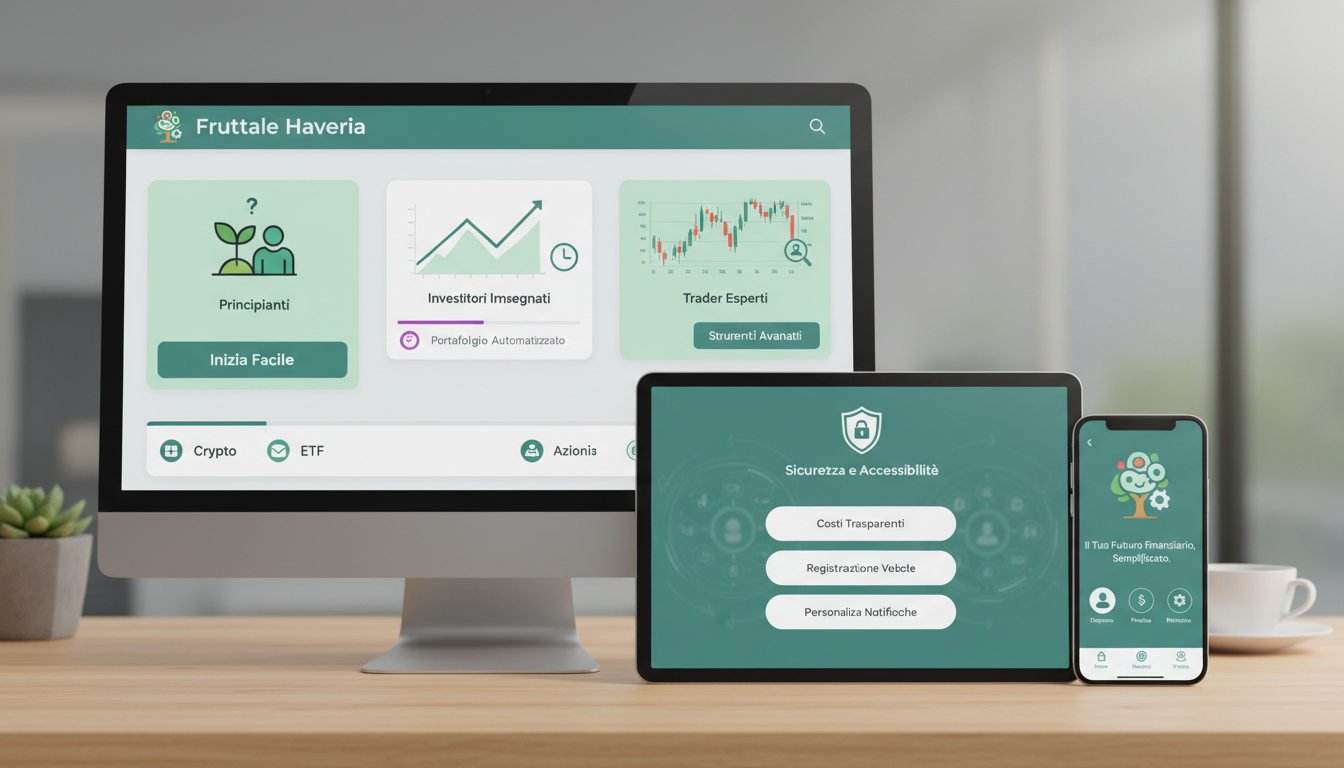 Illustration of various users like beginners, busy investors, and experienced traders using the Fruttale Haveria platform.