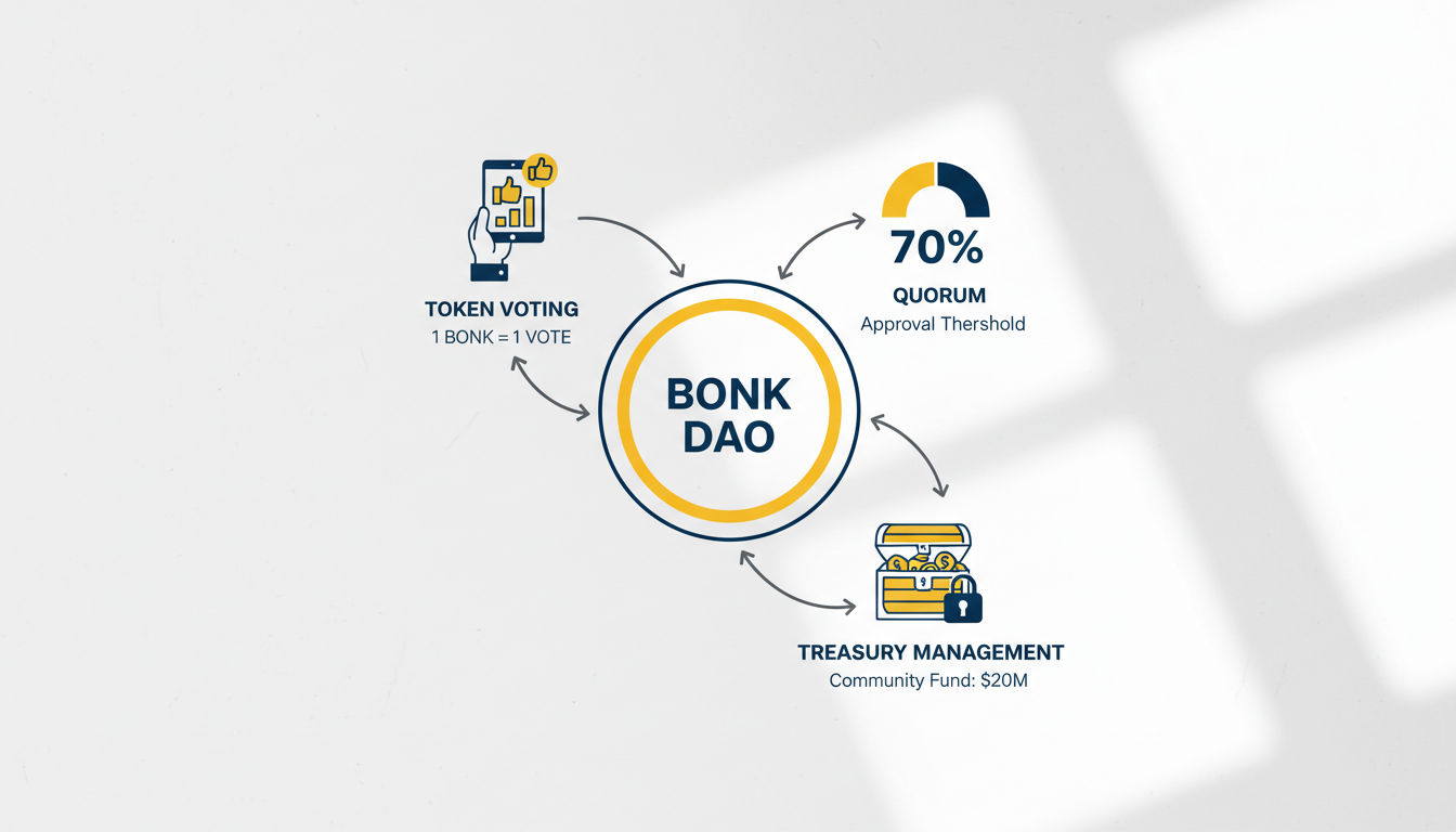 Infographic explaining DAO governance using BONK as an example with labels for token voting, quorum, and treasury management.